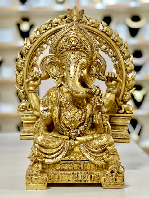 Brass Idol Lord Ganesha Sitting On Singhasan Home Temple Puja Gifting Ganpati (Design 197)