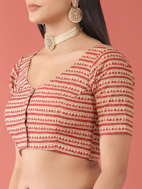 Maroon-Toned Cotton Silk Tribal Pattern Print Readymade Blouse (Design 1643)