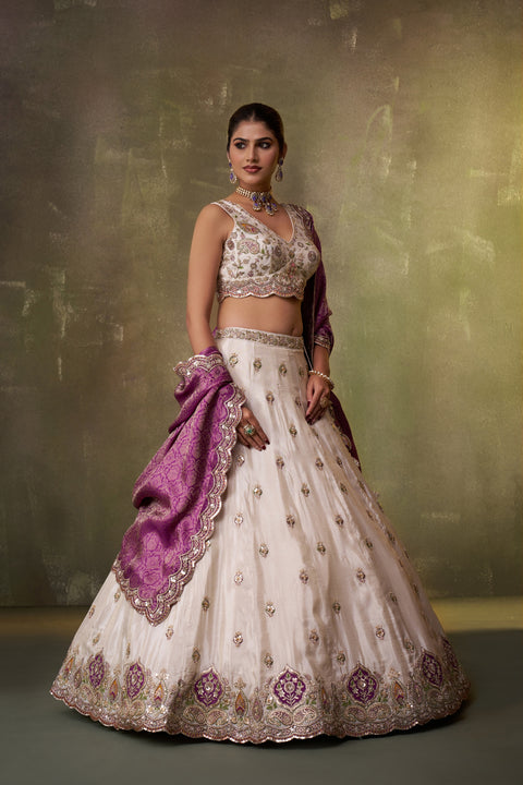 Cream & Purple Color Tissue Sequins Embroidery Lehenga choli & Dupatta (D955)