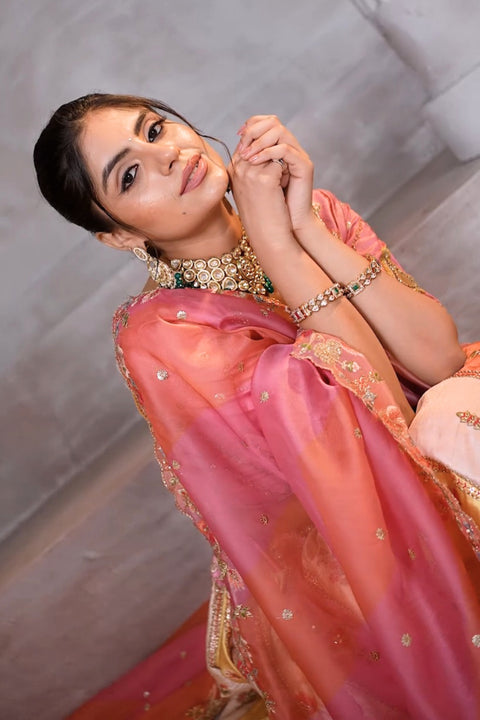 Pretty Pink Silk Intricate Paisley Motifs Traditional Embroidered Wedding Lehenga (D695)