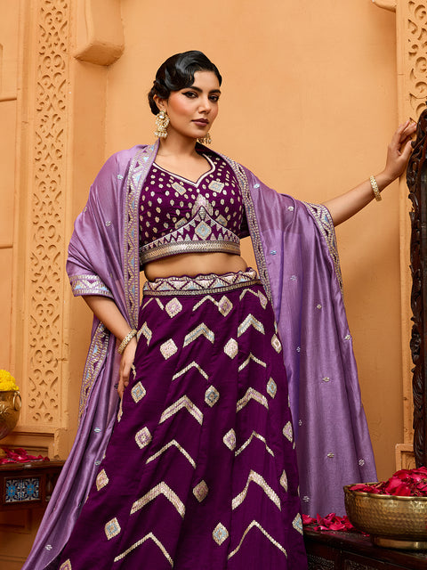 Burgundy-Silk Fabric Sequins embroidery Lehenga & Blouse With Dupatta (D928)