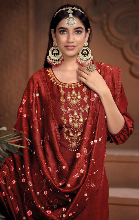 Designer Maroon Color Embroidery Work Super Silk Readymade Suit With Pant (D900)