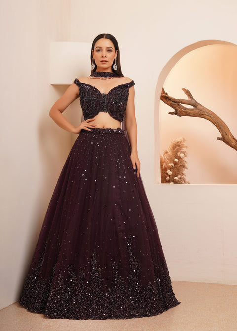 Sequins Detailed Burgundy Lehenga Set For Party Wear (D354)