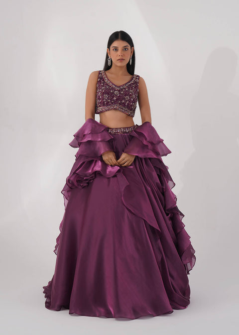 Burgundy Organza Embroidery Sequin Asymmetric Ruffle Top And Skirt Set For Women (D49)