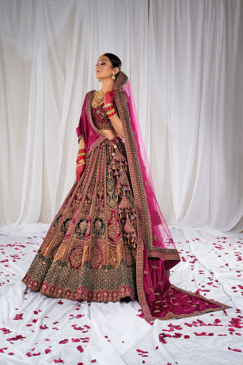 Designer Bridal Heritage Premium Rani Color Heavy Embroidered Velvet Lehenga Choli (D325)