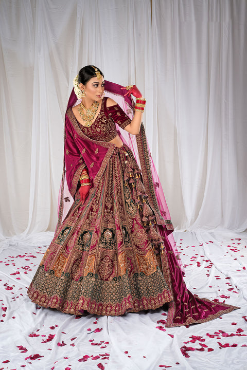 Designer Bridal Heritage Premium Rani Color Heavy Embroidered Velvet Lehenga Choli (D325)