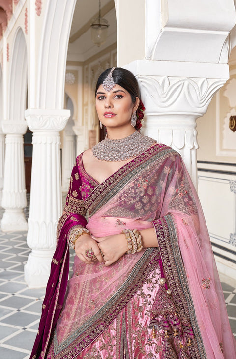 Designer Bridal Heritage Premium Pink Color Heavy Embroidered Velvet Lehenga Choli (D318)