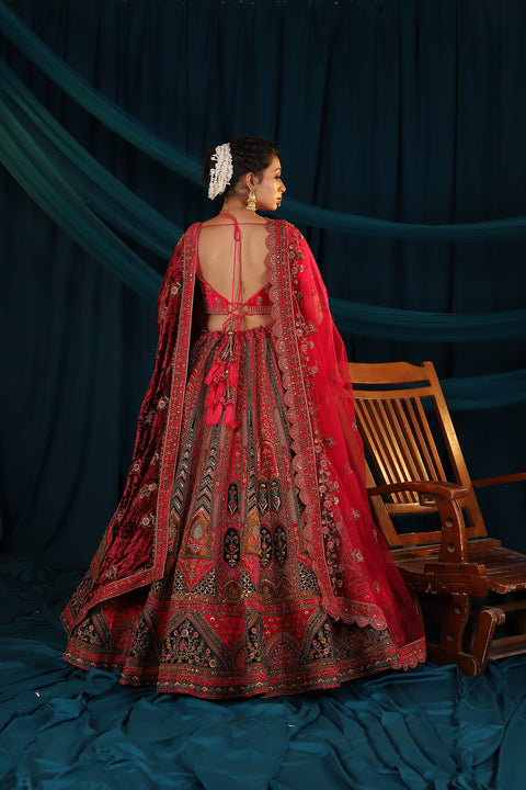 Designer Bridal Heritage Premium Rani & Green Color Heavy Embroidered Velvet Lehenga Choli (D315)