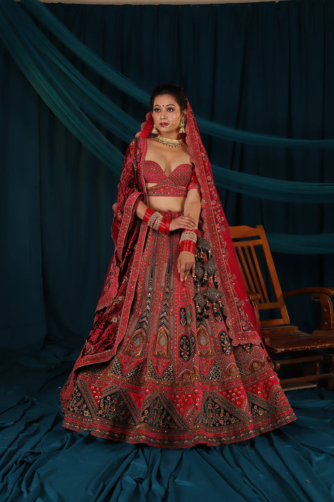 Designer Bridal Heritage Premium Rani & Green Color Heavy Embroidered Velvet Lehenga Choli (D315)