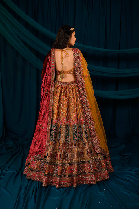 Designer Bridal Heritage Premium Mustard Color Heavy Embroidered Velvet Lehenga Choli (D326)