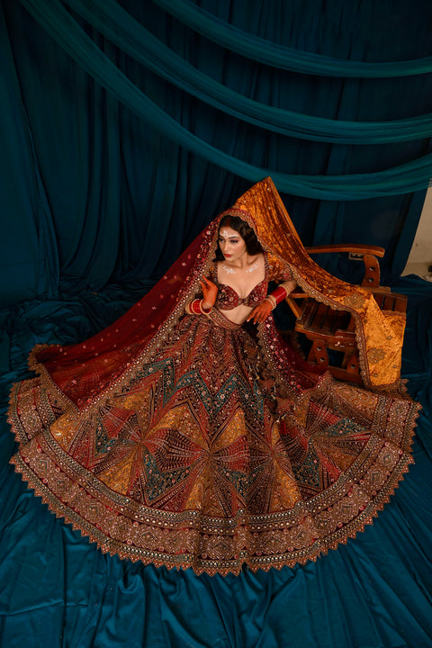 Designer Bridal Heritage Premium Mustard & Maroon Color Heavy Embroidered Velvet Lehenga Choli (D323)