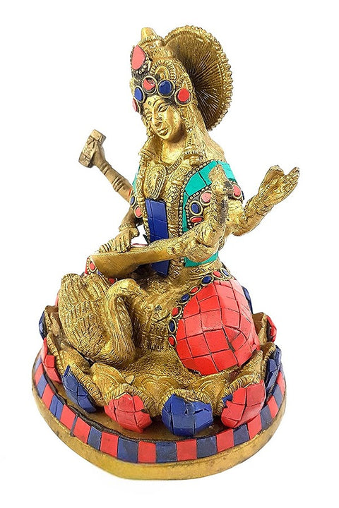 Gemstone Goddess Saraswati Brass Idol | Statue | | Home Decor |(Design 97)