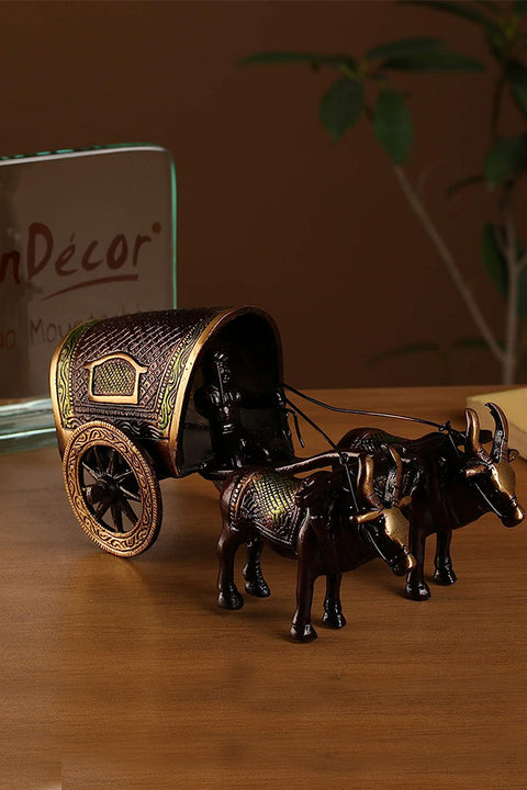 Brass Covered Village Bullock Cart Showpiece Replica(Design 121)