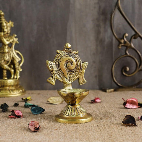 4.5 Inches Shankh Chakra Brass Diya Pair (Set of 2), Antique Yellow (Design 136)