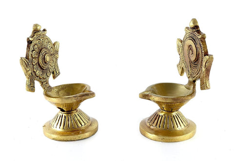 4.5 Inches Shankh Chakra Brass Diya Pair (Set of 2), Antique Yellow (Design 136)