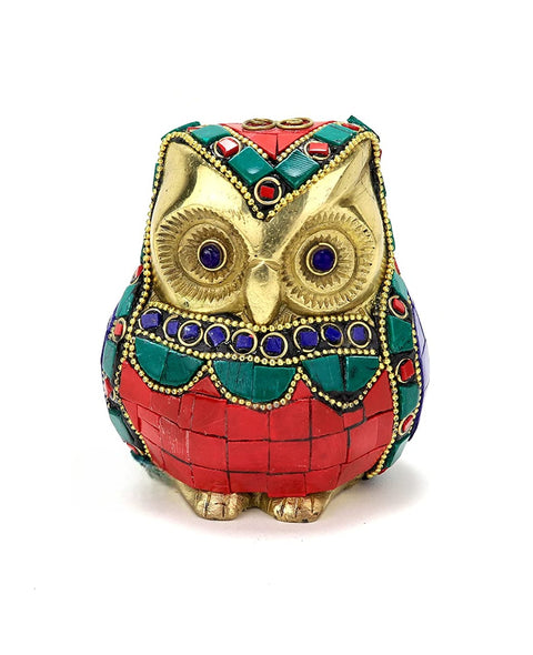Gemstone Work Vintage Brass Owl Decor Showpiece, Owl Showpieces for Home Decor (Design 135)