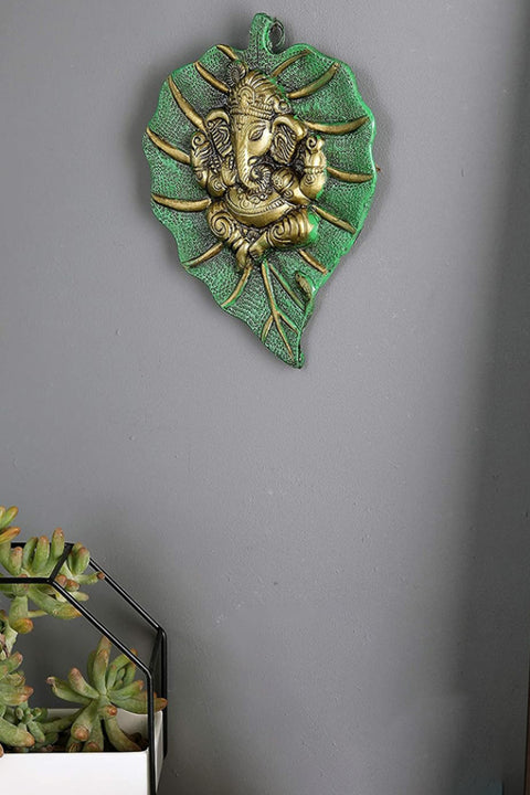 Decorative Leaf Ganesha on Patta Brass Metal Wall Hanging Showpiece (Design 116)