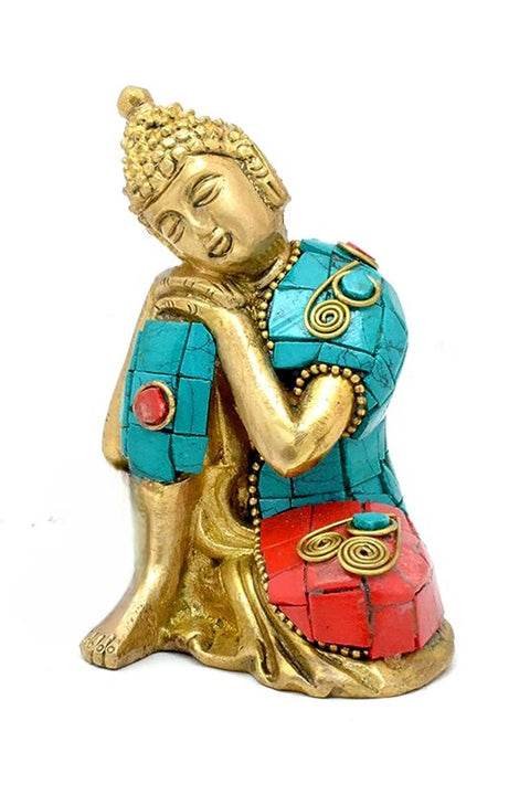 Brass Buddha Resting on Knee Gemstone Work Showpiece, Showpieces for Home Decor(Design 96)