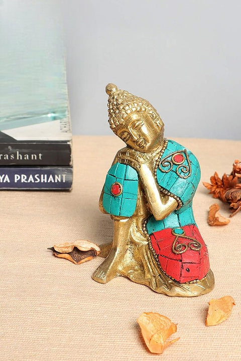 Brass Buddha Resting on Knee Gemstone Work Showpiece, Showpieces for Home Decor(Design 96)