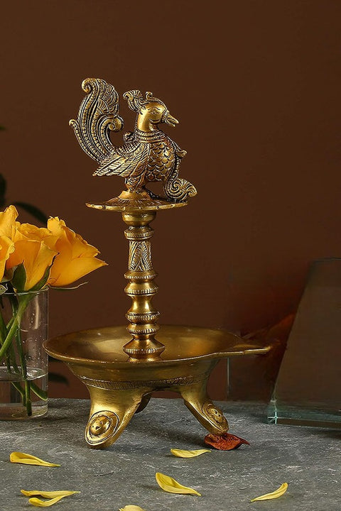 Brass Peacock Design Oil Diya with Base for Home Decor,Yellow,Standard,1 Piece(Design 100)
