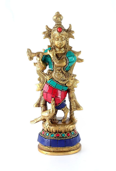 Gemstone Work Flute Playing Brass Krishna with Peacock | 7 Inches(Design 134)