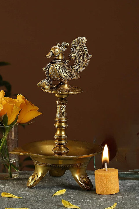 Brass Peacock Design Oil Diya with Base for Home Decor,Yellow,Standard,1 Piece(Design 100)