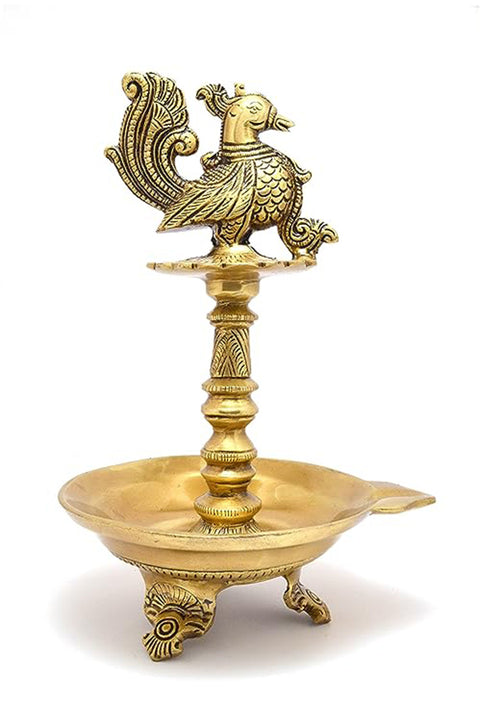 Brass Peacock Design Oil Diya with Base for Home Decor,Yellow,Standard,1 Piece(Design 100)
