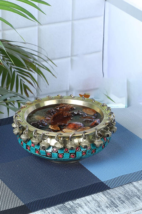 Gemstone Work Brass Urli Ethnic Traditional Bowl with Bells (Design 117)