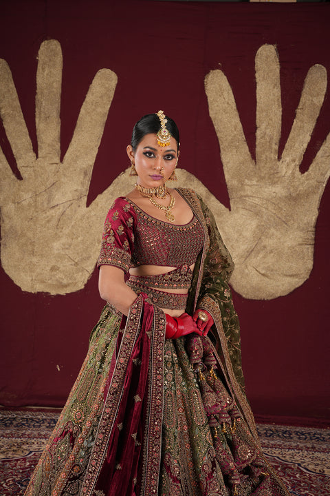 Designer Bridal Heritage Premium Mehendi Green & Maroon Color Heavy Embroidered Velvet Lehenga Choli (D319)