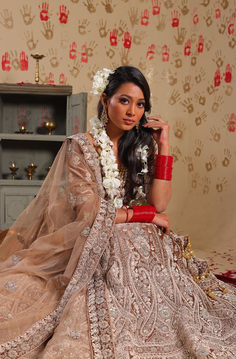 Designer Bridal Heritage Premium Brownish Chiku Color With Pinkish Touch Heavy Embroidered Velvet Lehenga Choli (D313)