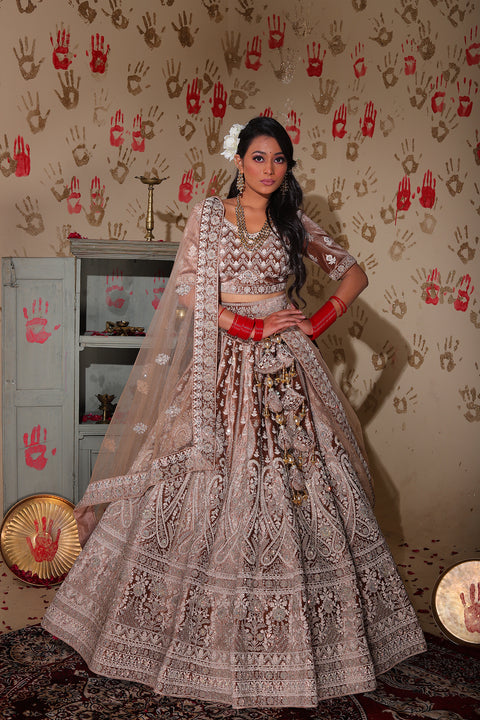 Designer Bridal Heritage Premium Brownish Chiku Color With Pinkish Touch Heavy Embroidered Velvet Lehenga Choli (D313)