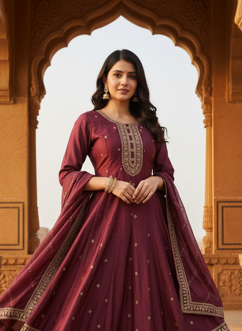 Mauve Pink Colour Chinon Silk Sequins Cutdana Work Embroidery Anarkali Suit Set (D1846)