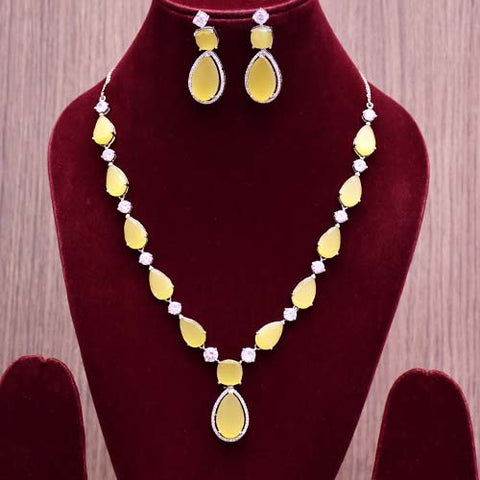 Designer Semi-Precious American Diamond Yellow Color Stone Necklace with Earrings (D627)