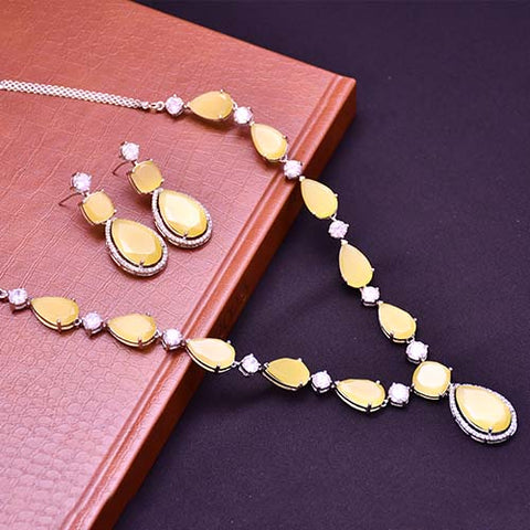 Designer Semi-Precious American Diamond Yellow Color Stone Necklace with Earrings (D627)