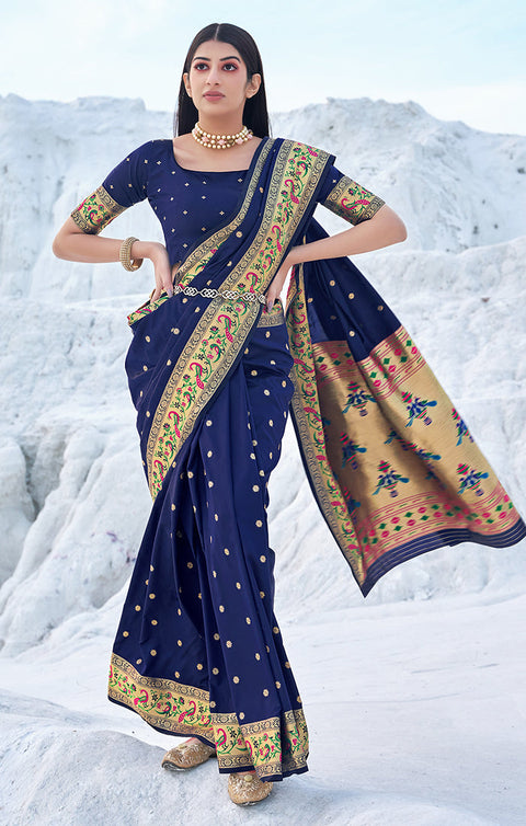 Designer Navy Blue / Gold Silk Banarasi Saree for Party Wear