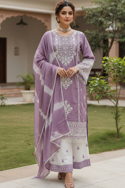 Lavender & White Colour Rayon Theard & Sequins Embroidery Suit With Pant (D1849)