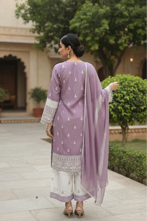 Lavender & White Colour Rayon Theard & Sequins Embroidery Suit With Pant (D1849)
