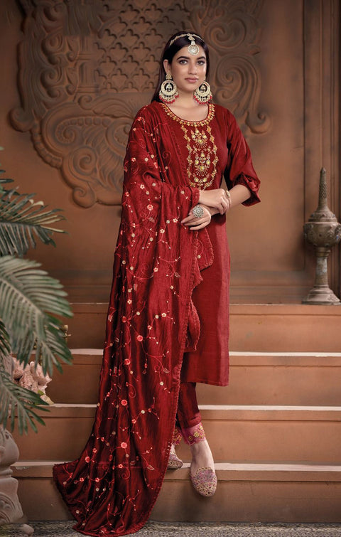 Designer Maroon Color Embroidery Work Super Silk Readymade Suit With Pant (D900)