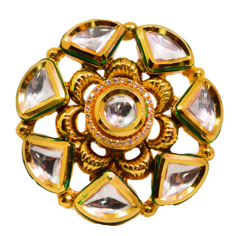Elegant Gold Plated Royal Kundan & Ruby Beaded Ring (Design 107)
