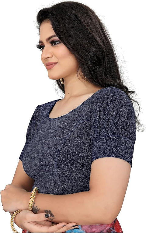 Navy Blue Color Stretchable Shimmer Readymade Blouse for Women in Lycra (D1621)