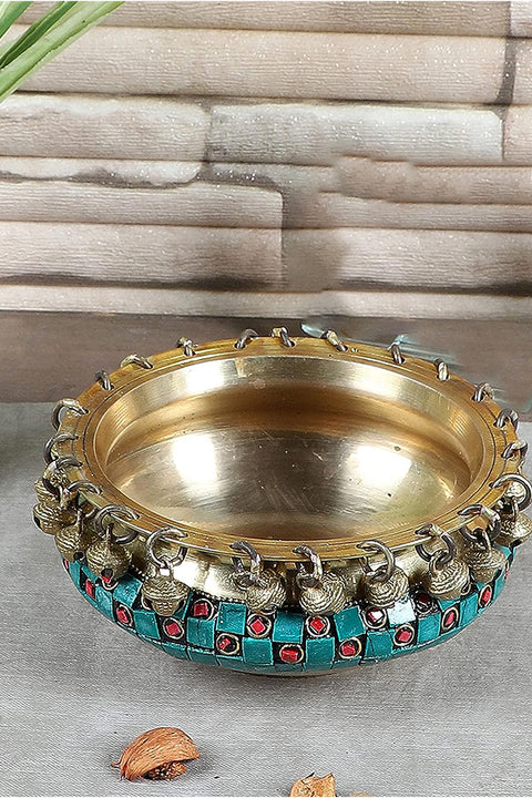 Gemstone Work Brass Urli Ethnic Traditional Bowl with Bells (Design 117)