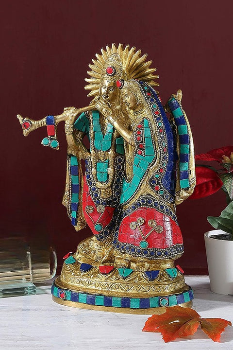 Brass Radha Krishna Gemstone Work Showpiece, Standard, Multicolor, 1 Piece(Design 98)