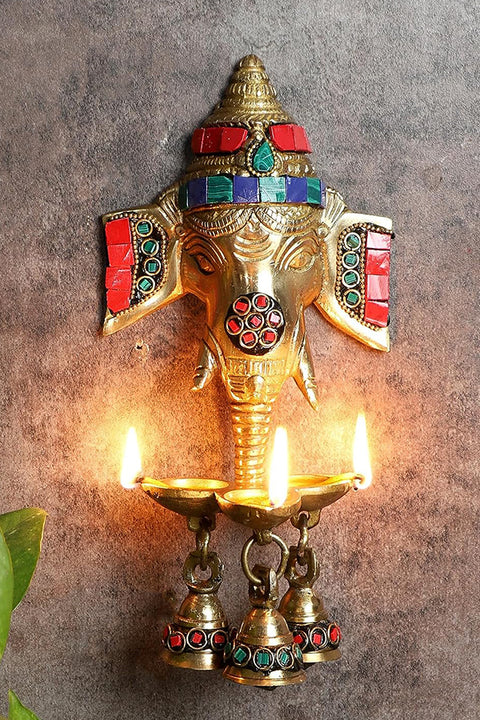 Gemstone Work Brass Ganesha Wall Hanging Diya with Bells for Home Decor(Design 122)