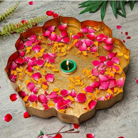 Golden Finish Lotus Urli Pot -Floating Flower Haldi Pooja Wedding Decor 3 Pc (Design 148)