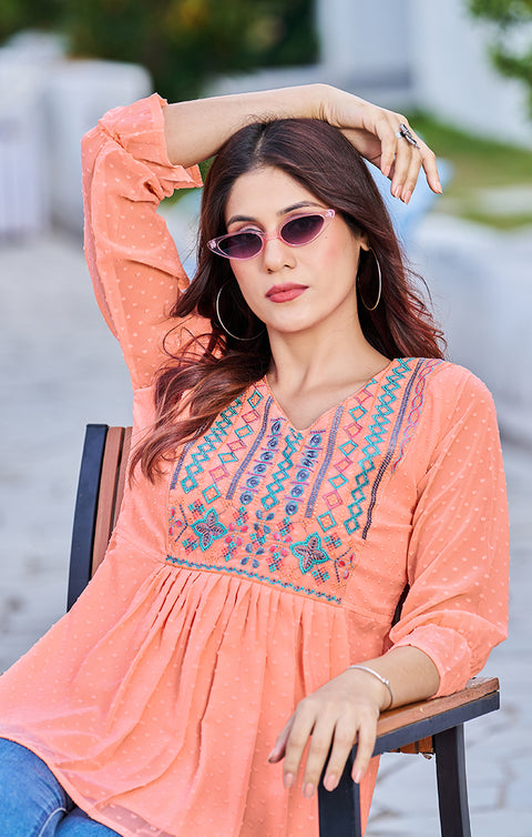 Beautiful Peach Color Bubble Georgette Indian Ethnic Kurti For Casual Wear (D988)