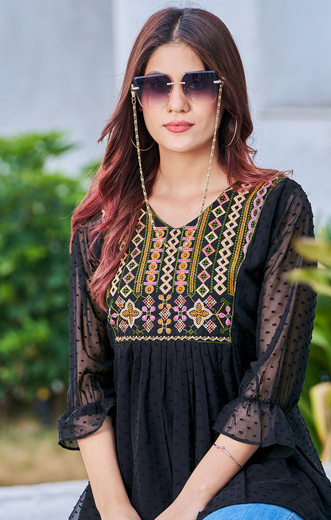 Beautiful Black Color Bubble Georgette Indian Ethnic Kurti For Casual Wear (D989)