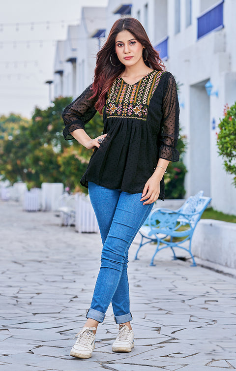 Beautiful Black Color Bubble Georgette Indian Ethnic Kurti For Casual Wear (D989)