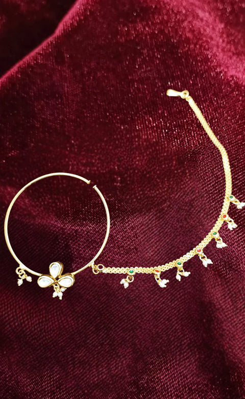 Gold Plated Royal Kundan Studded Nose Ring with Chain - NATH (Design 11)
