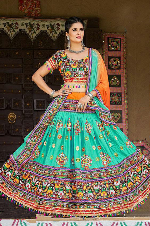 Navratri Wear Teal Green Color Embroidered Mirror Work Lehenga Choli In Cotton (D259)