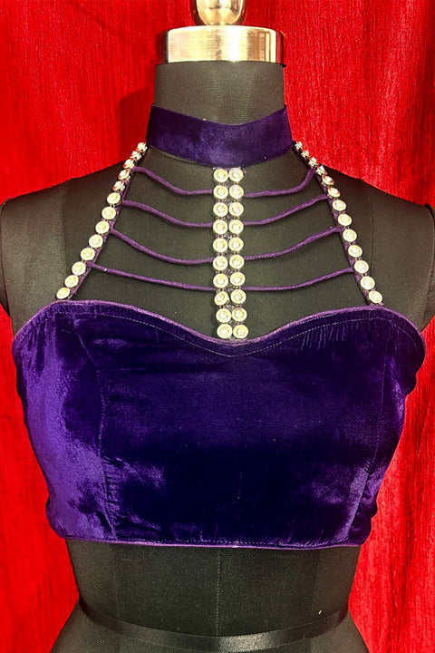 Readymade Purple Velvet Halter Neck Blouse For Party Wear (D1702)